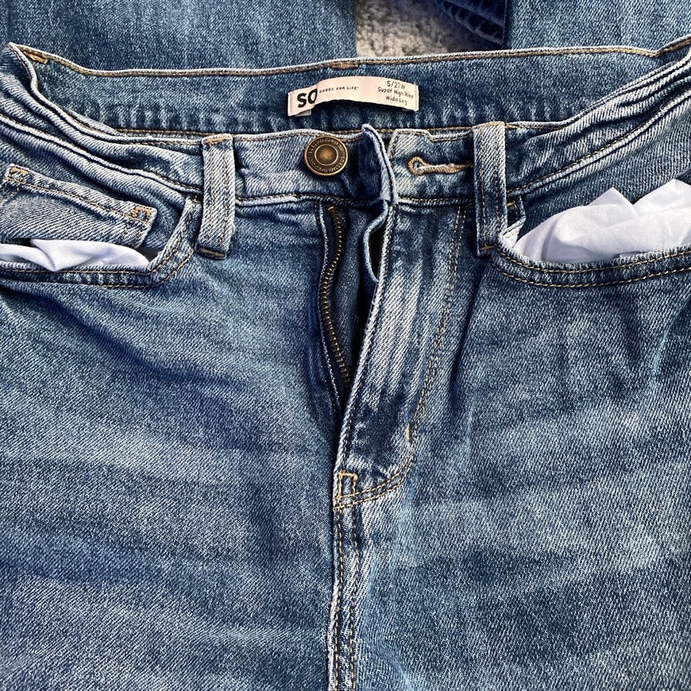 So blue wide leg high rise ripped jeans